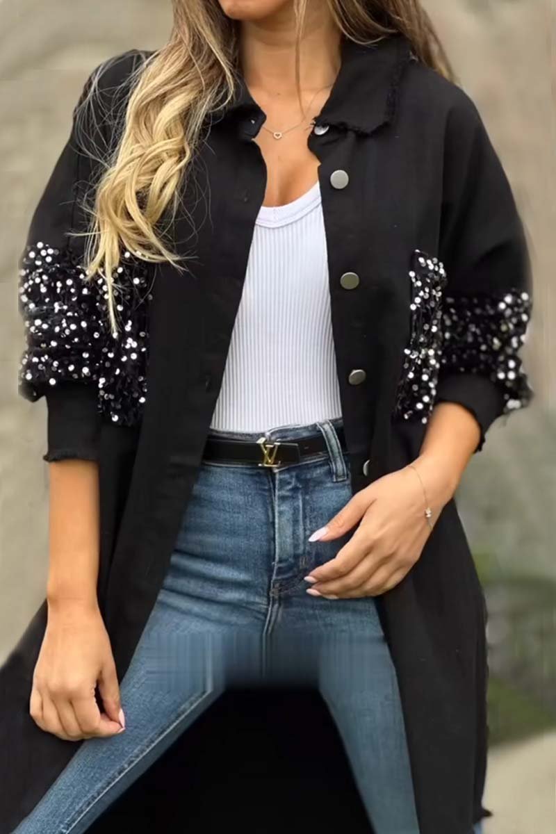 Women's Casual Sequin Patchwork Shirt Black