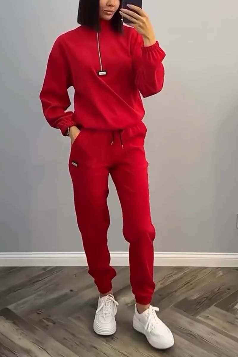 Women's Casual Solid Color Half Zip Long Sleeve Top and Pants Set Red