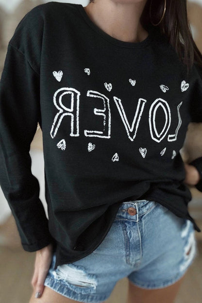 Women's Casual LOVER Printed Long-sleeved Sweatshirt Black