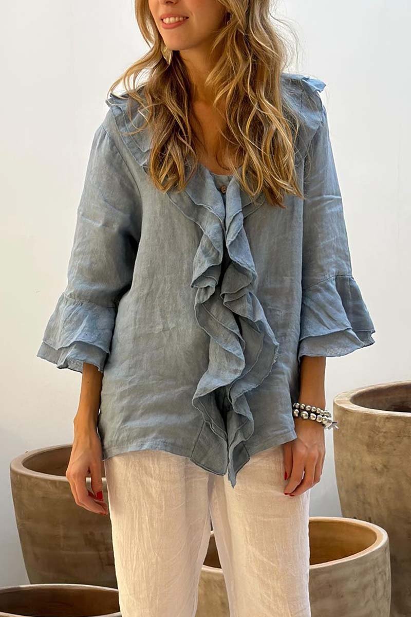 Women's casual ruffle collar cotton and linen tops Blue