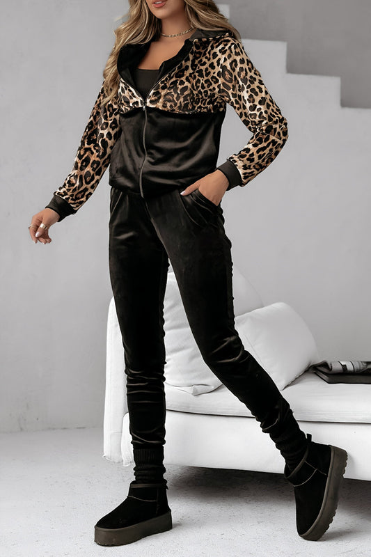 Women's Hooded Long-sleeved Leopard Print Casual Suit black