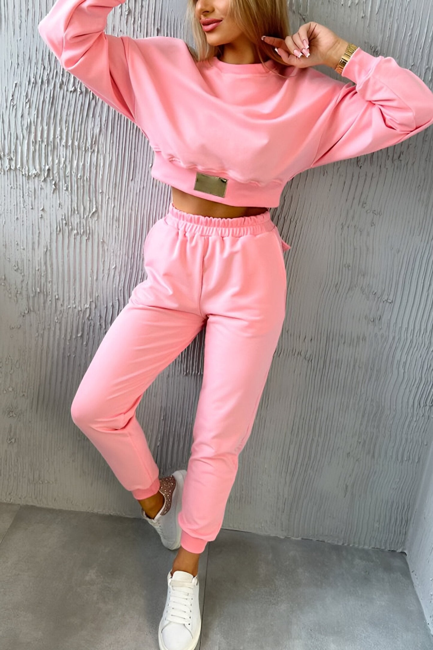 Women's Casual Round Neck Long Sleeve Two Piece Suit Pink