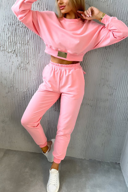 Women's Casual Round Neck Long Sleeve Two Piece Suit Pink