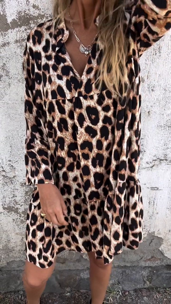 V-neck Long-sleeved Leopard Print Dress brown