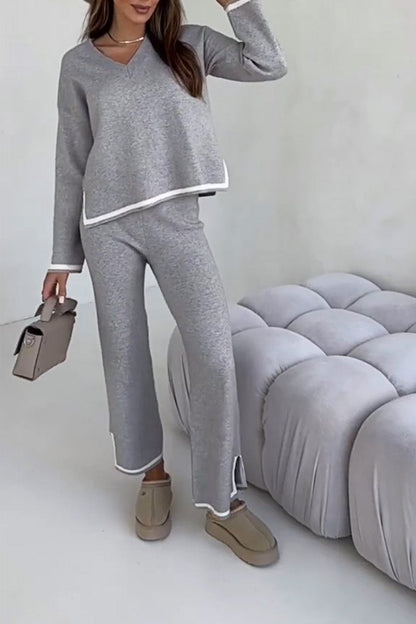 Women's Knitted Sweater Contrast Top and Pants Two-piece Set Gray