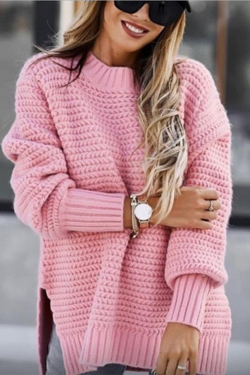 Women's Half-high Collar Solid Color Side-slit Knitted Sweater pink