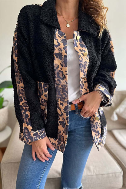 Women's Leopard Patchwork Plush Lapel Jacket Black