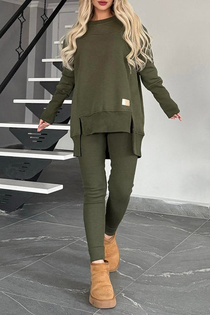 Women's Round Neck Long Sleeve Sweatshirt Suit green