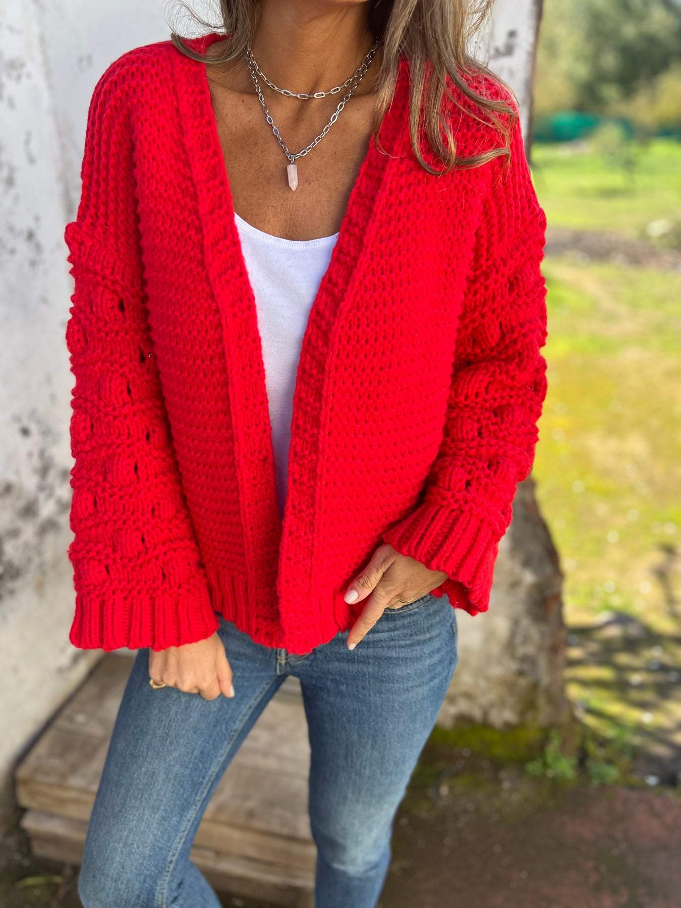 Women's Autumn V-neck Long-sleeved Casual Knitted Cardigan red