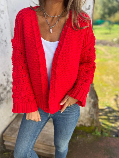 Women's Autumn V-neck Long-sleeved Casual Knitted Cardigan red