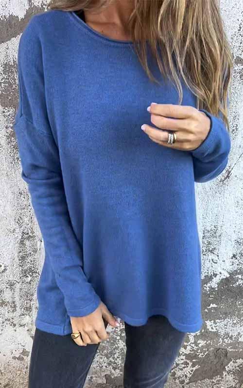 Women's Round Neck Solid Color Long Sleeved Top blue