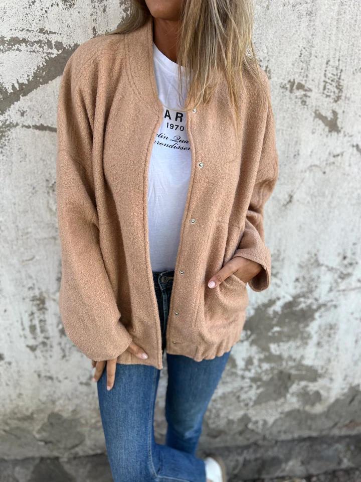 Casual Round Neck Single Breasted Jacket apricot