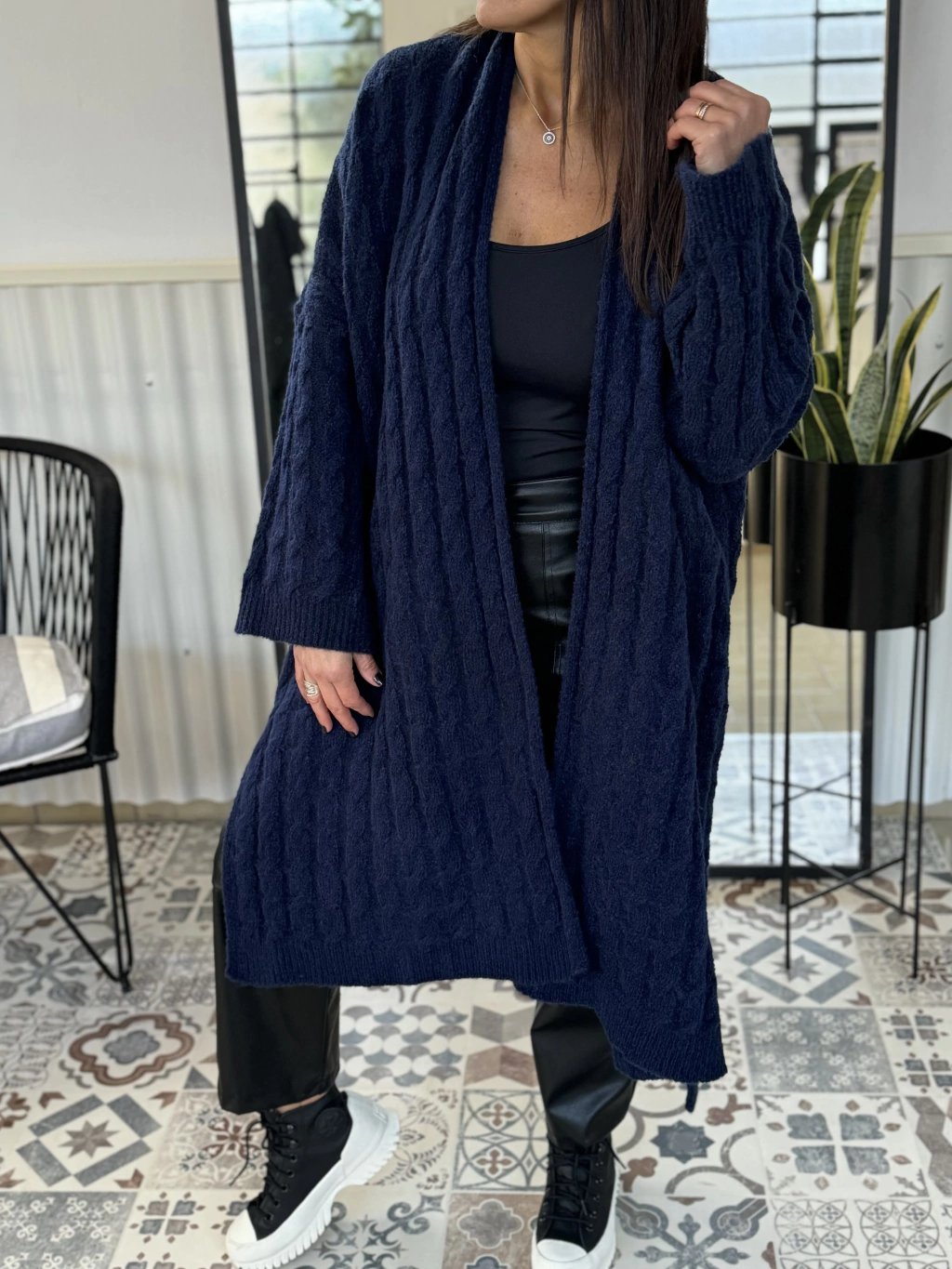 Women's V-neck Solid Color Ribbed Knitted Cardigan navy blue