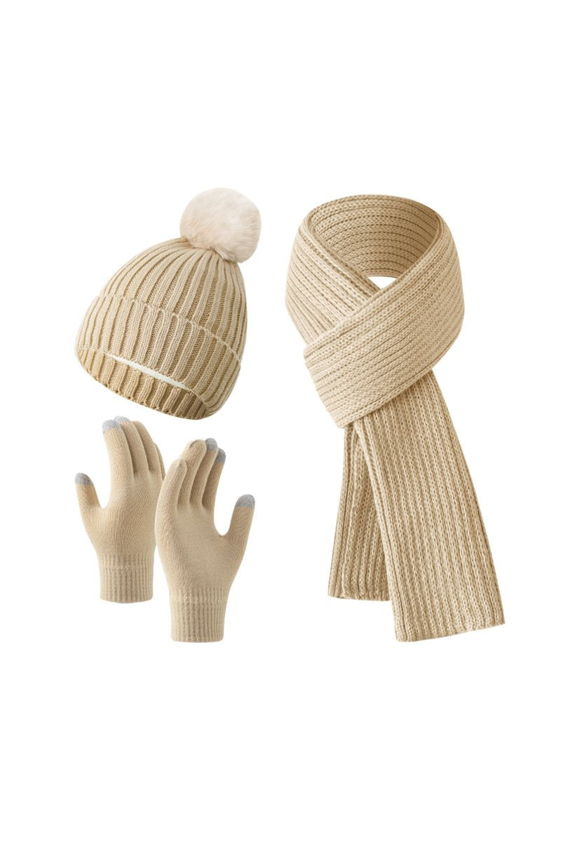 Knitted Hat, Double-layer Fleece Warm Wool Scarf, Gloves, Three-piece Set beige-A One size