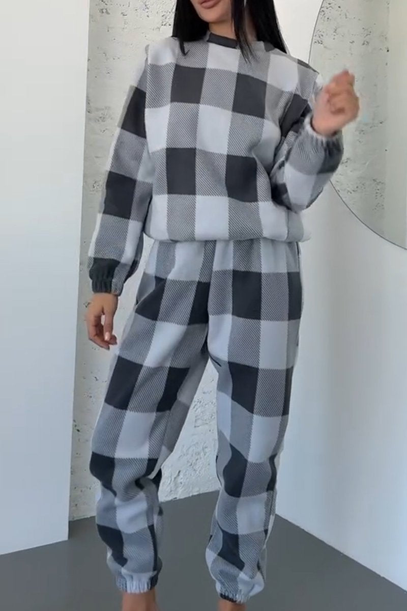 Women's Casual Plaid Long Sleeve Two-Piece Set black