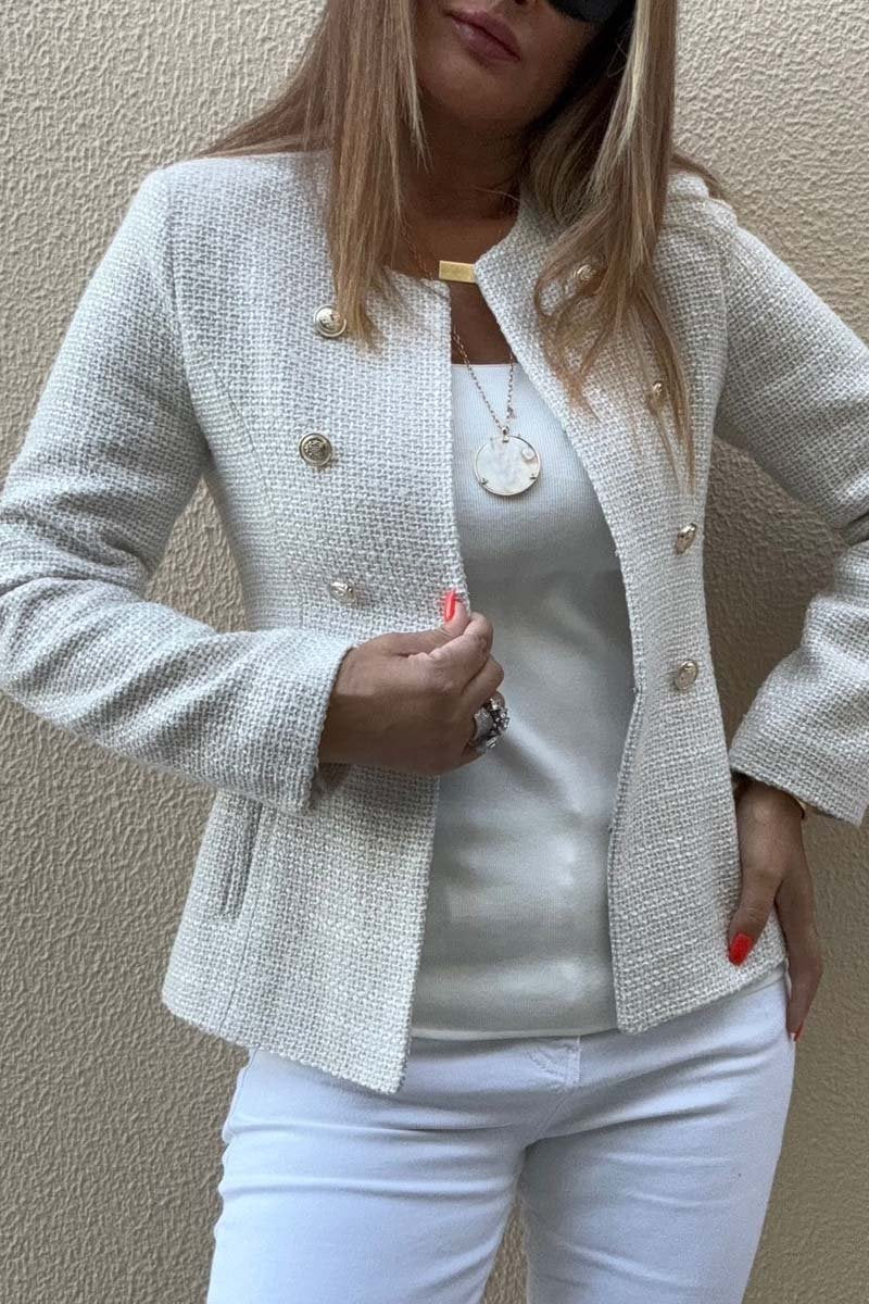 Women's Fashion Double Breasted Crew Neck Jacket White