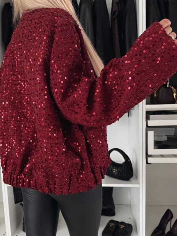 Women's Round Neck Long Sleeve Sequined Casual Coat