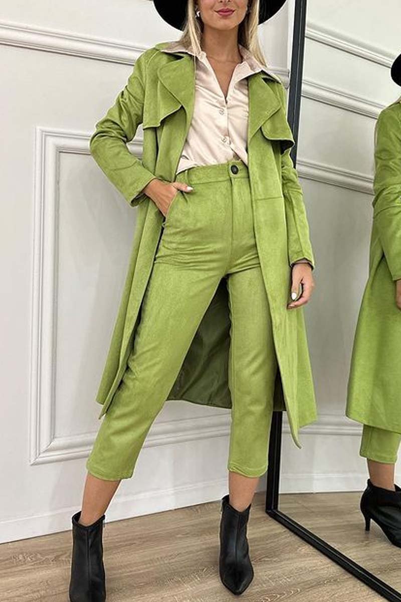 Women's fashionable long coat pants suit Green