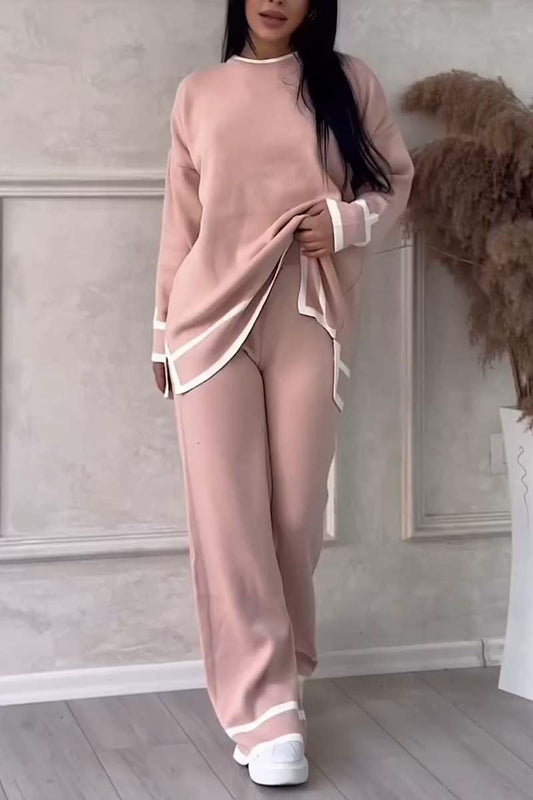 Women's Slit Long Sleeve Sweater High Waist Pants Suit Pink