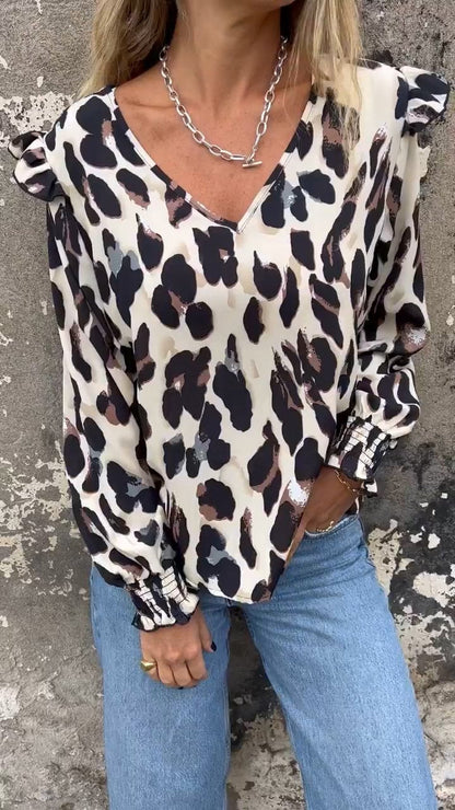 Leopard Print V-neck Top with Flying Sleeves Off-white