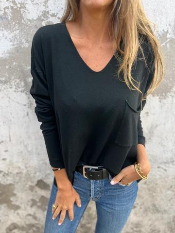 Casual V-neck Long-sleeved Top black