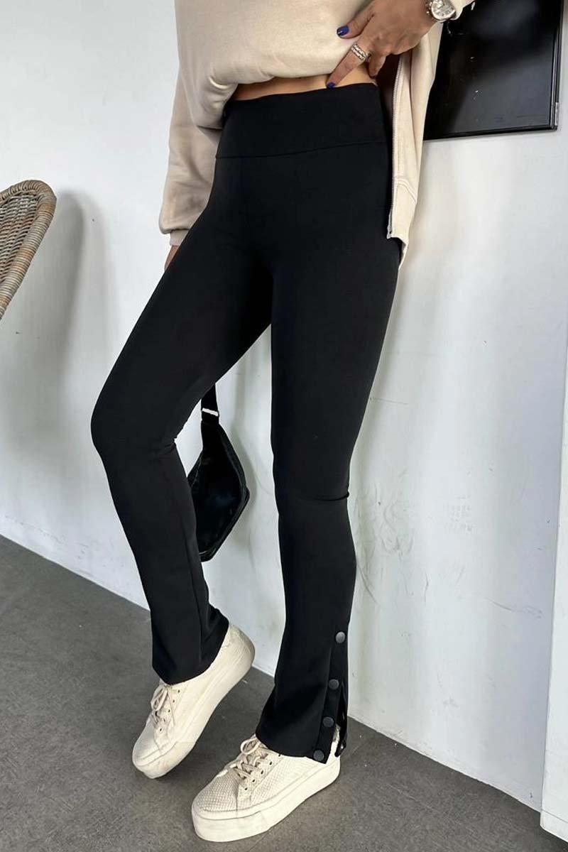 Women's Casual Hem Side Button Pants Black