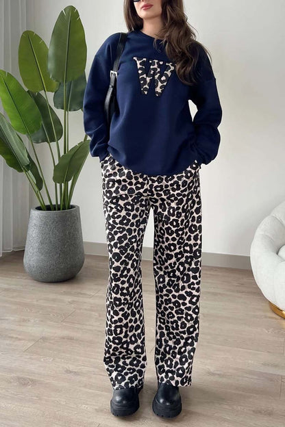 Women's Casual Leopard Print Letter Top and Leopard Print Pants Set