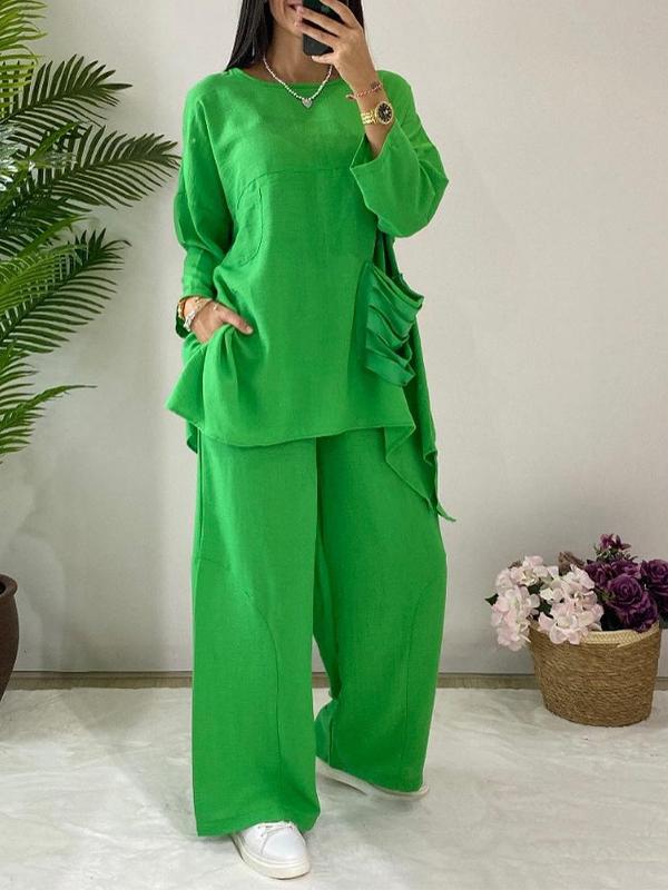 Women's Round Neck Long Sleeve Casual Cut Pocket Design Suit green