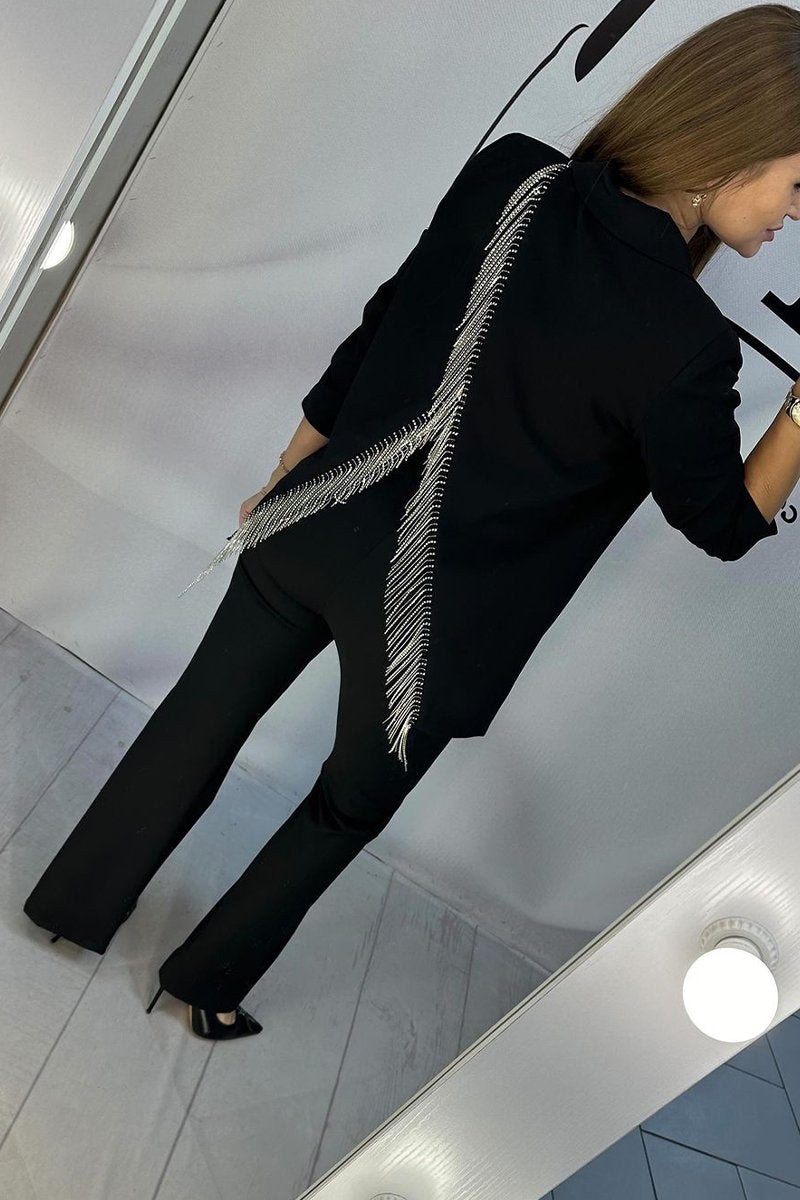 Women's Casual Lapel Back Tassel Suit Two-piece Suit black