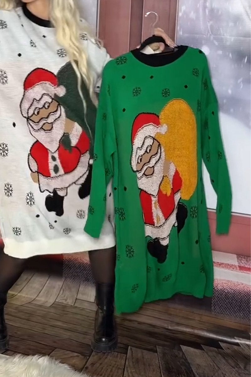 Women's Round Neck Long Sleeve Christmas Printed Dress green