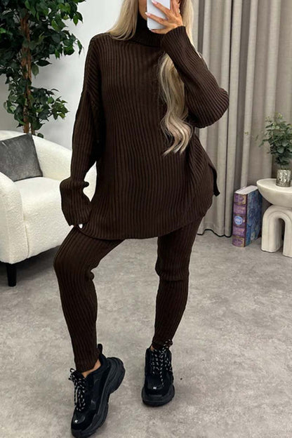 Women's casual solid color turtleneck knitted suit Dark Brown