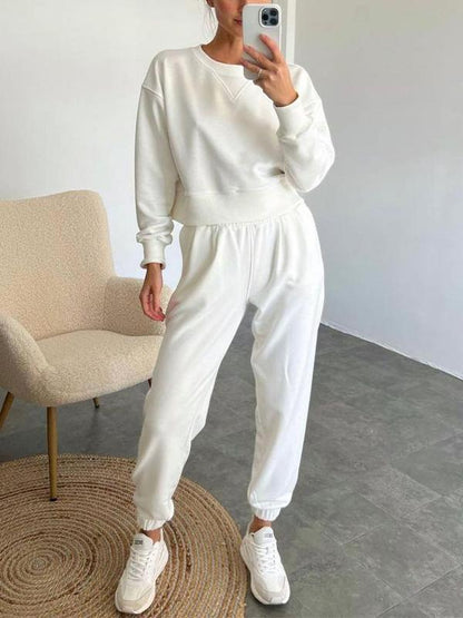 Women's Round Neck Solid Color Sports Two-piece Suit White