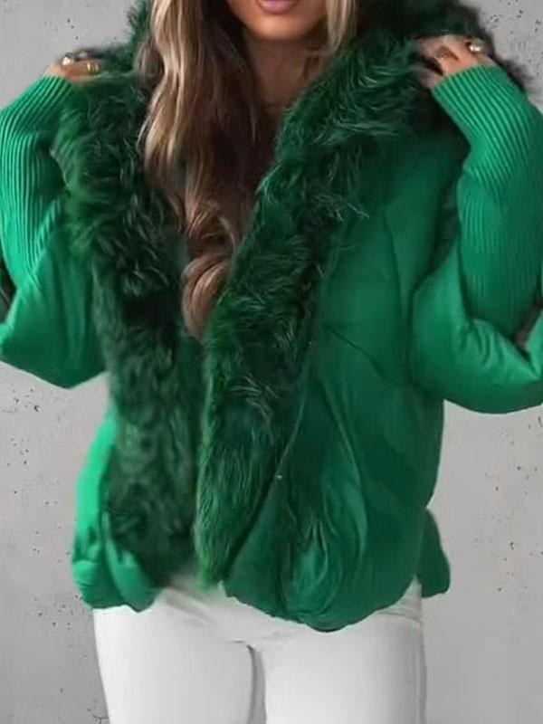 Women's Fur Collar Long Sleeve Patchwork Coat green