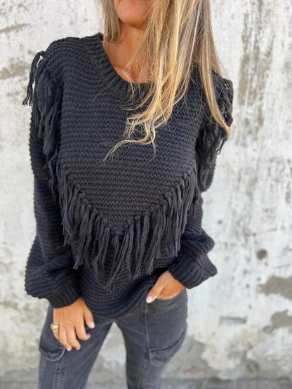 Round Neck Fringed Knitted Top Black