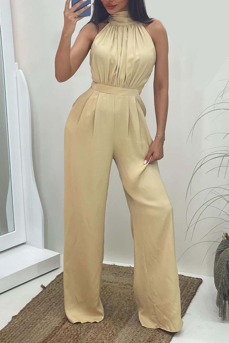 Women's Fashion Halter Solid Color Sleeveless Jumpsuit Apricot