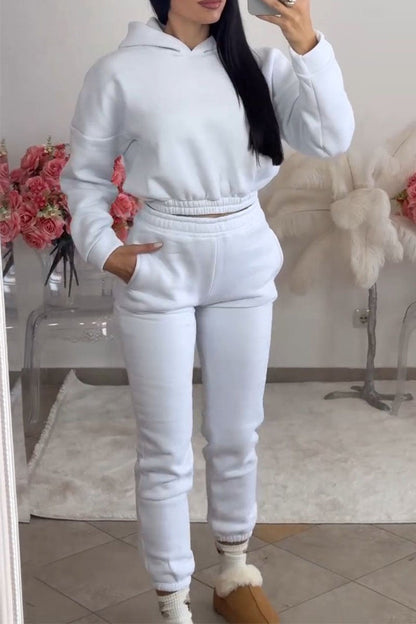 Women's Long Sleeve Hoodies Two Piece Set white