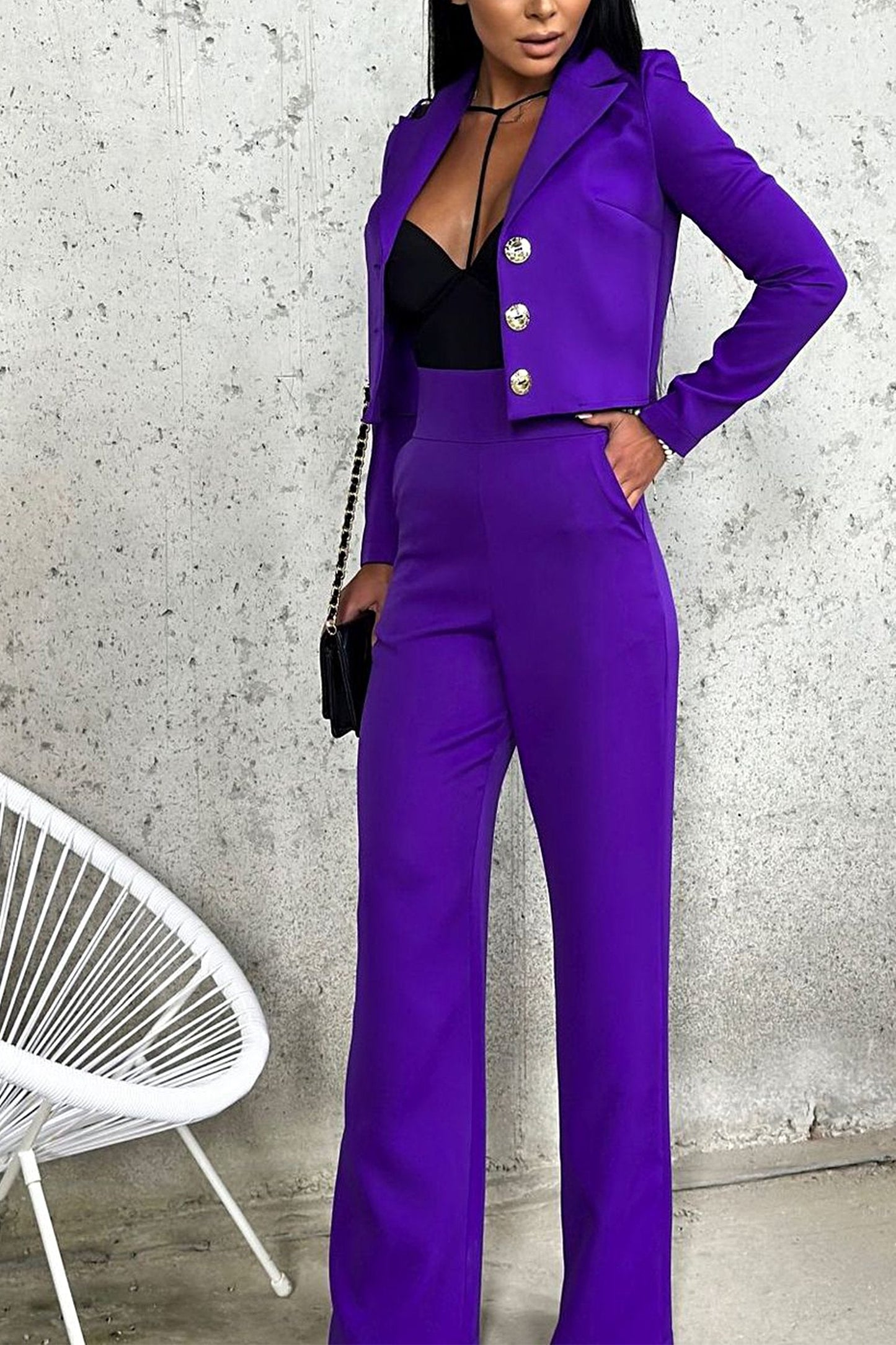 Women's Solid Color Short Coat, Top and Pants Two-piece Set Puple