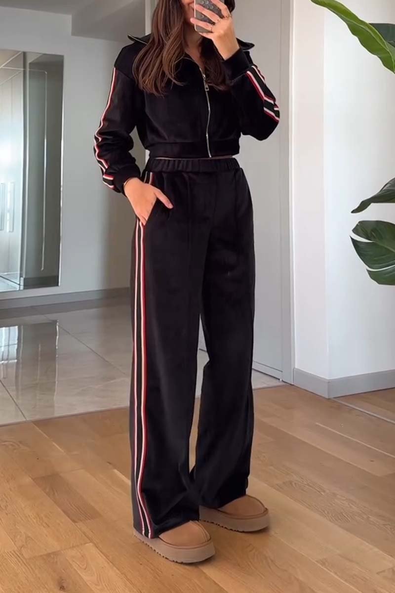 Women's casual sports side webbing spliced velvet suit Black