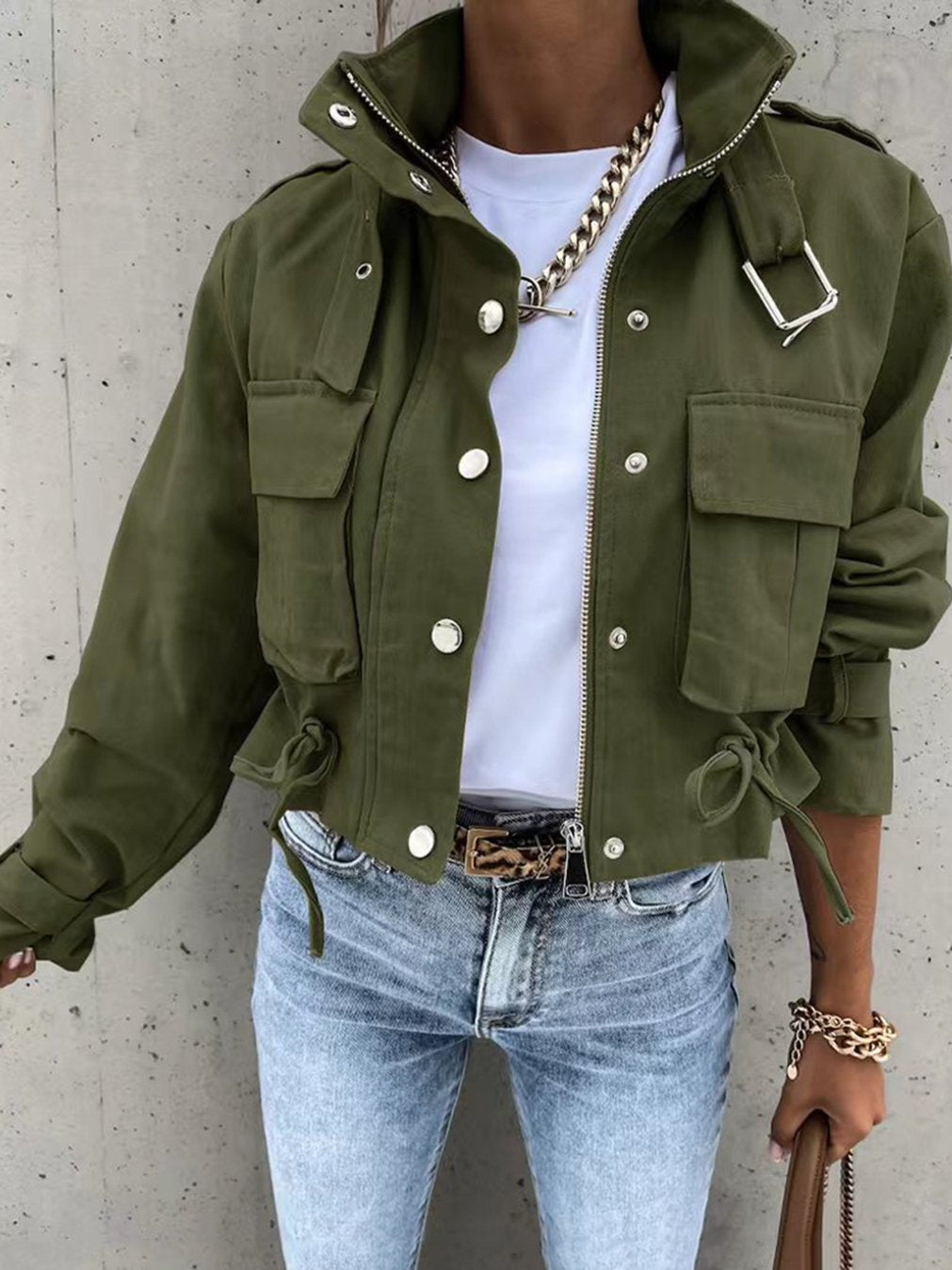 Women's Casual Stand Collar Pocket Short Jacket Green