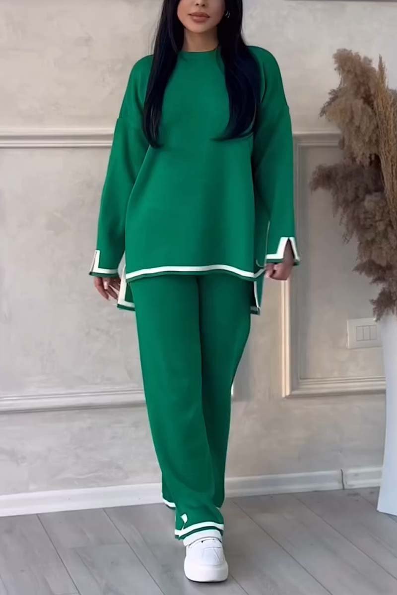 Women's Slit Long Sleeve Sweater High Waist Pants Suit