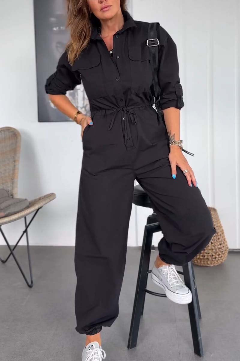 Women's Lapel Drawstring Jumpsuit Black