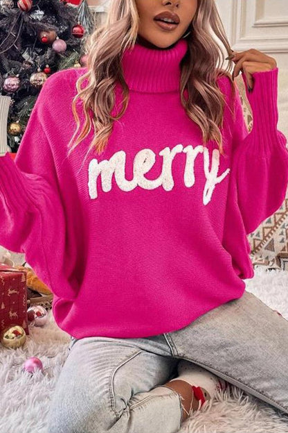 Women's Christmas High-neck Loose Sweater rose red