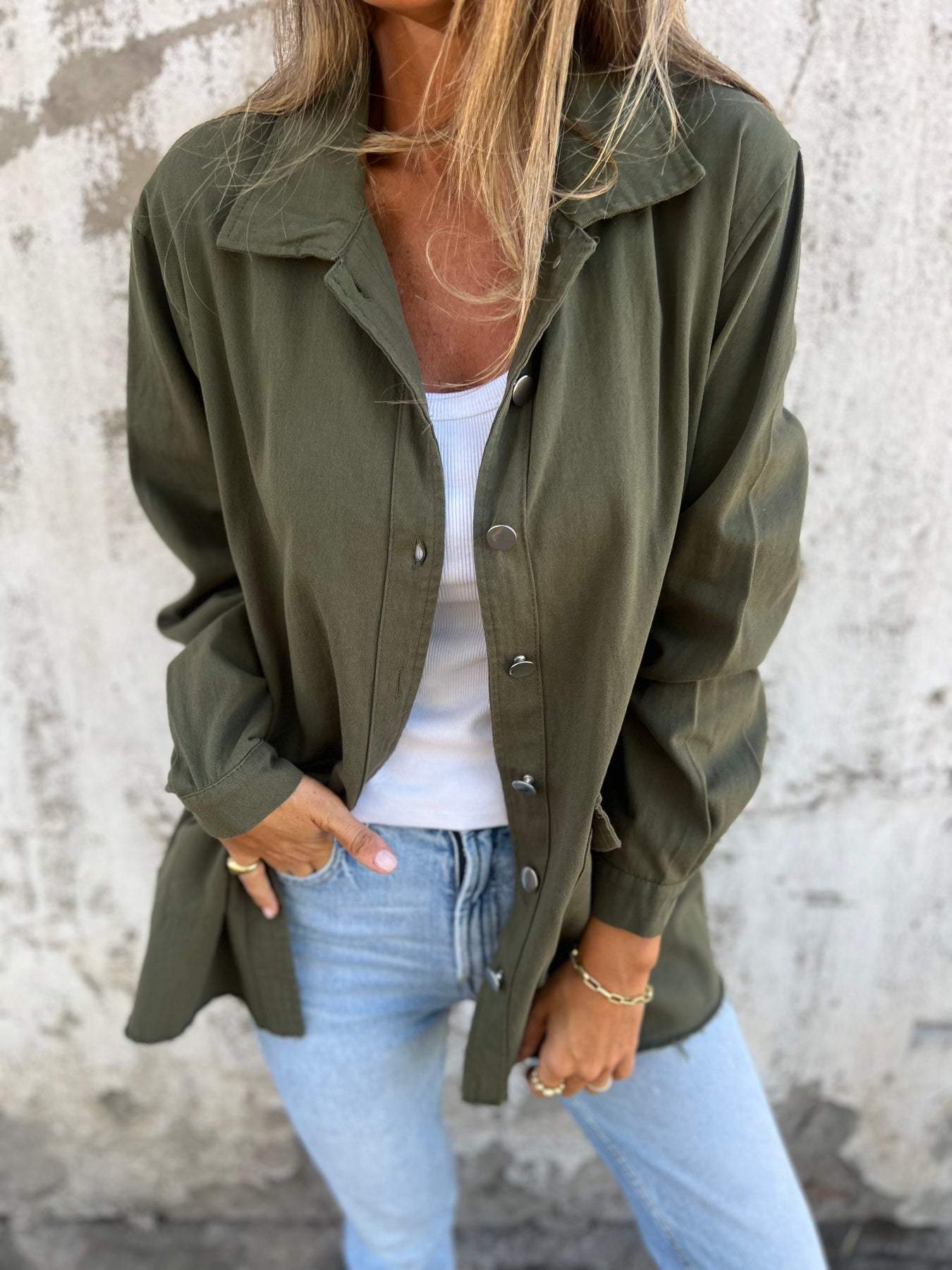 Lapel Casual Long Sleeve Top army green