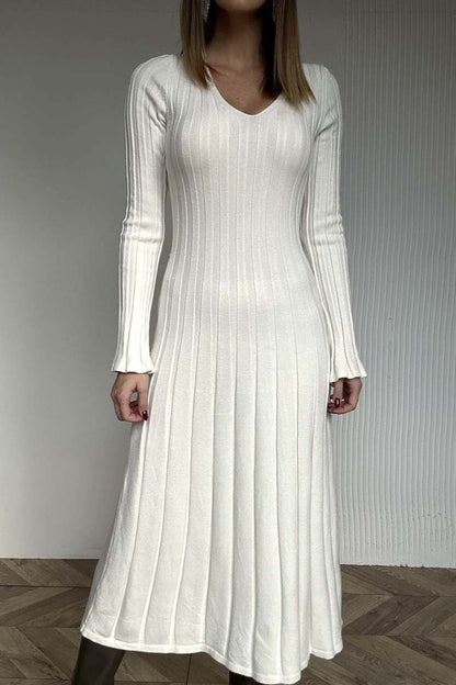 Women's simple solid color thick striped knitted dress Off White