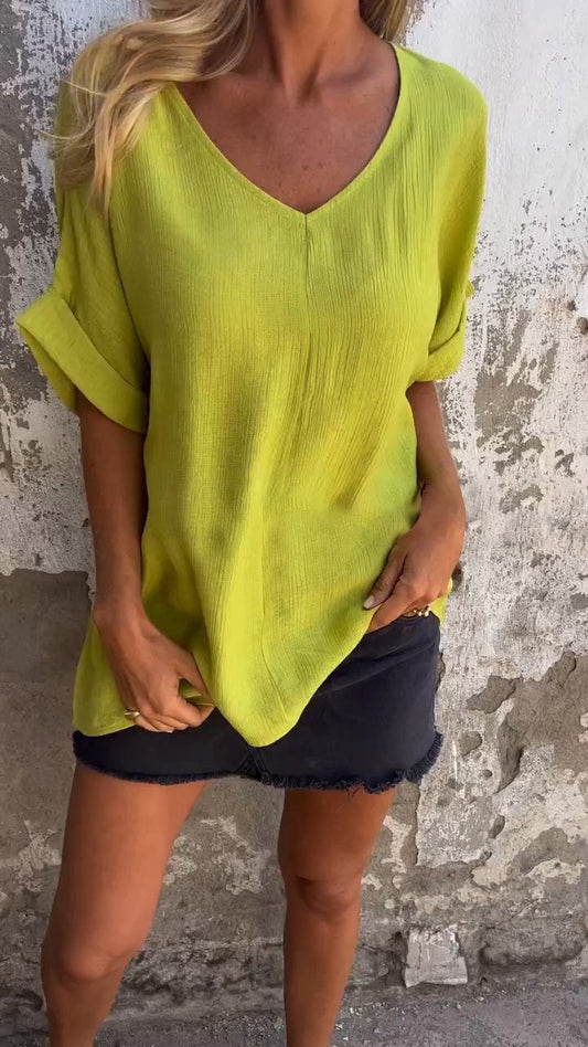 V-neck Mid-sleeve Casual Top Yellow