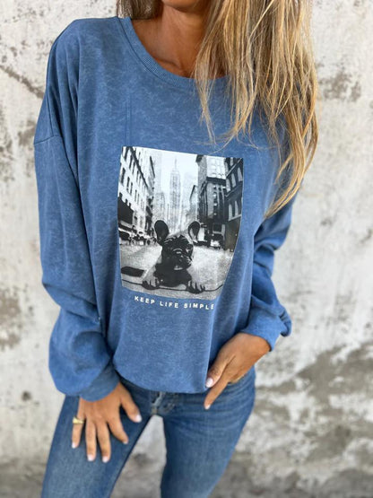 Casual Crew Neck Puppy Print Top blue