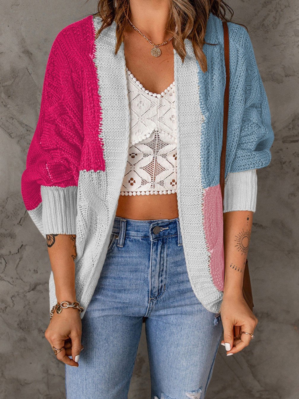 Women's Casual Colorblock Knitted Cardigan rosered