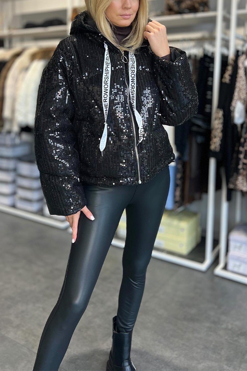 Women's Lapel Sequin Short Cotton Coat black