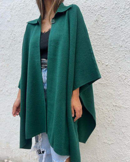 Women's Lapel Solid Color Long Sleeve Cape Jacket dark green