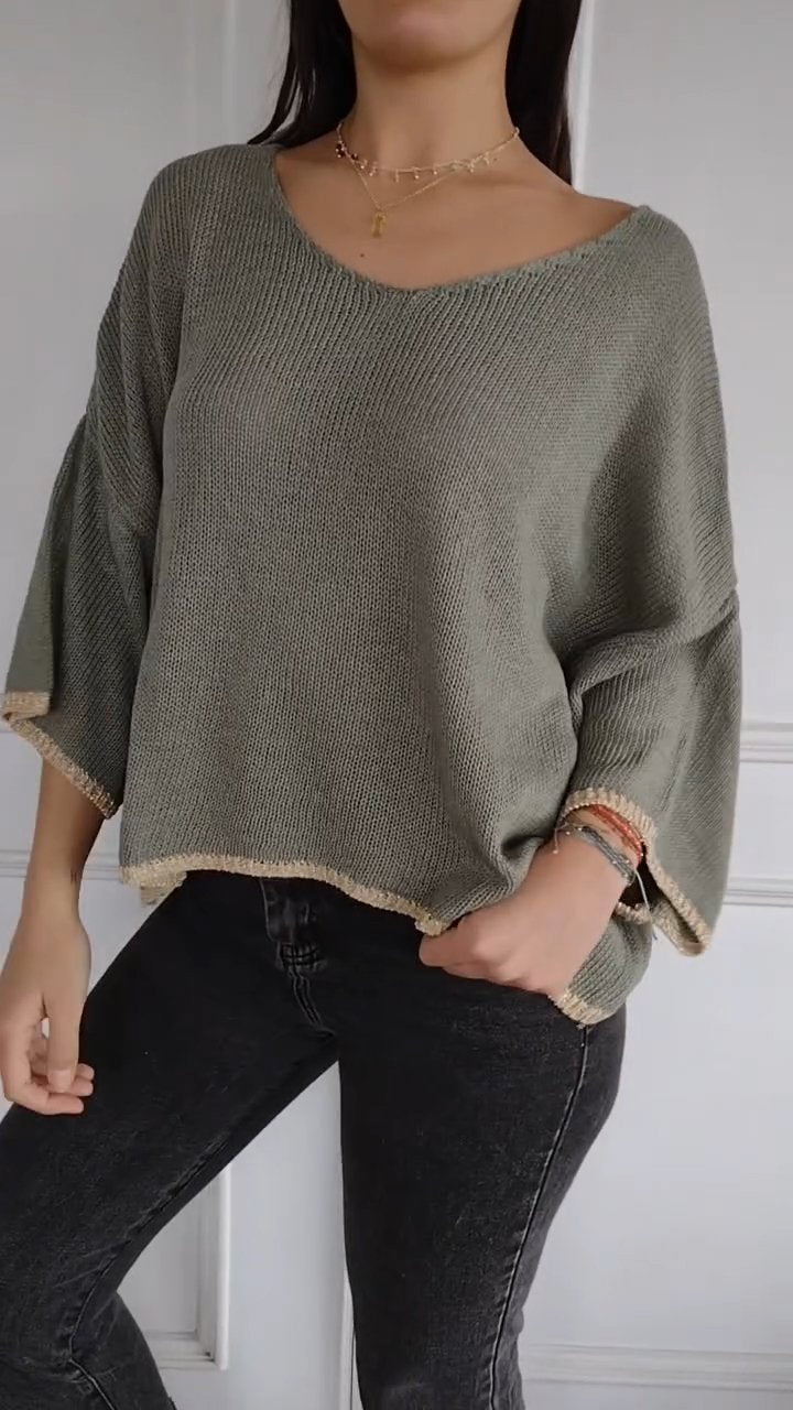 Women's V-neck Knitted Mid-length Sleeve Casual Top